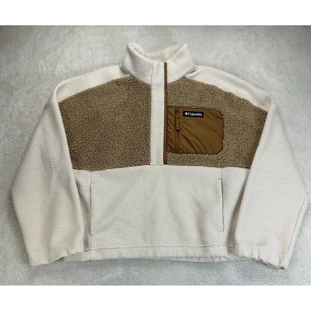Columbia Lodge Sherpa Pullover Jacket Womens XL Ivory Brown Cozy Fleece Outdoor